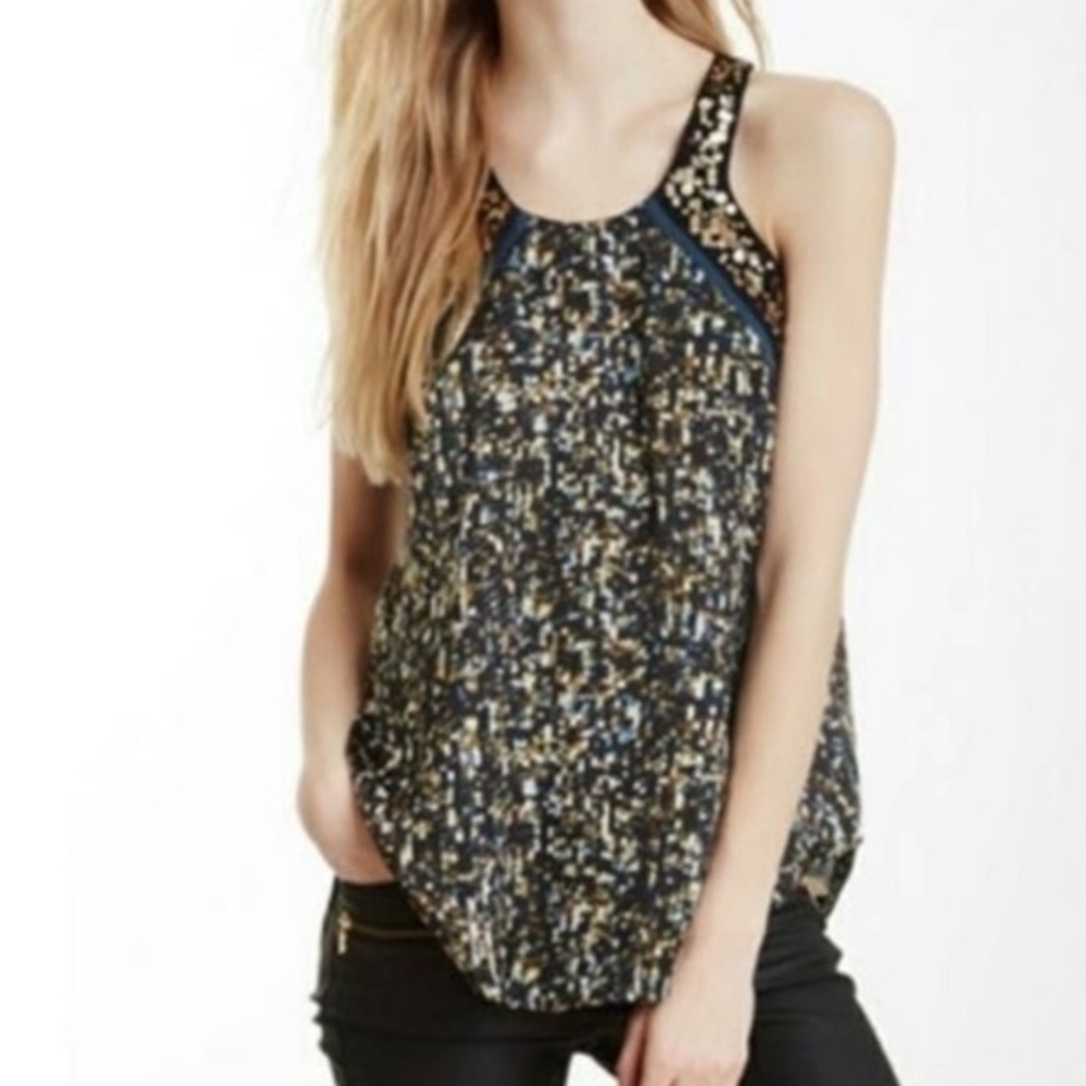 Rebecca Taylor Sequin Print Silk Tank Size 2 Excellent Condition